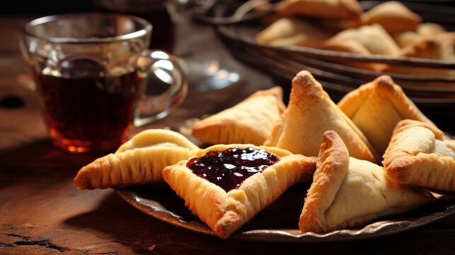 hamantaschen Jewish cookies and tea on the table