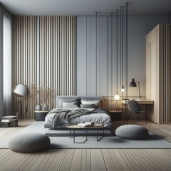 Minimalist bedroom interior, incredibly detailed, intricate details
