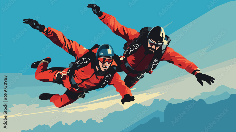 Poster thrill of tandem skydiving in a vector scene featuring an experienced skydiving instructor and a tan