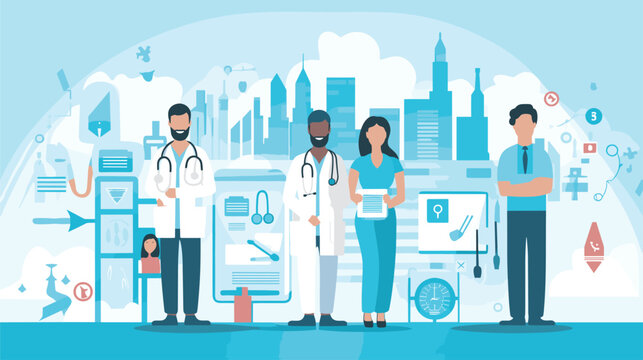 diverse medical specialties within a hospital in a vector art piece featuring doctors and specialists from various fields.