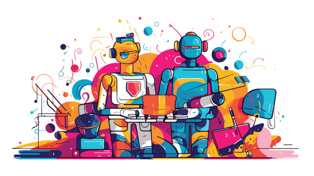 advancements in AI-driven creativity with a vector art piece showcasing robots engaged in artistic pursuits. Illustrate machines creating visual art, music