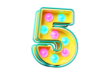 1990s style font digit number 5. Light bulb marquee typography. High quality 3D rendering.