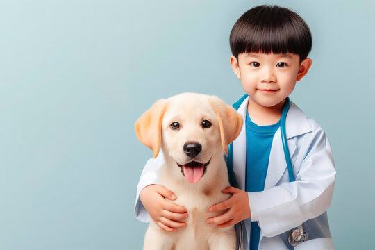 Photo of a cute kid veterinary with a dog on solid color background. ai generative