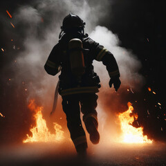 Photo of close up Fireman running towards a fire black background. ai generative