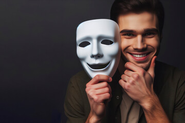 Photo of Happy smiling man holds sad mask emotions on solid black background. ai generative