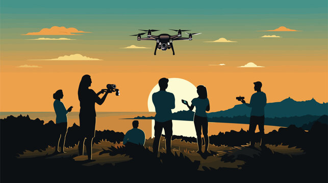 drone flying in a vector scene featuring enthusiasts enjoying drones in open spaces. drone flying