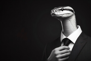 Portrait of a snake dressed in a strict business suit on solid black background. ai generative - obrazy, fototapety, plakaty