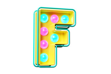 1980s alphabet 3D character F. Light bulb marquee letters in yellow, pink and blue. High quality 3D rendering.