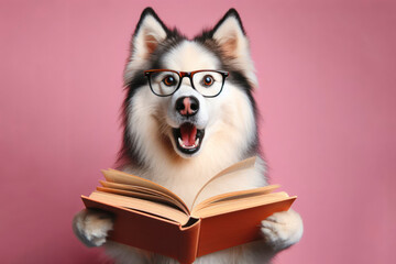 Surprised haski dog in glasses holding opened book on pink background. ai generative - obrazy, fototapety, plakaty