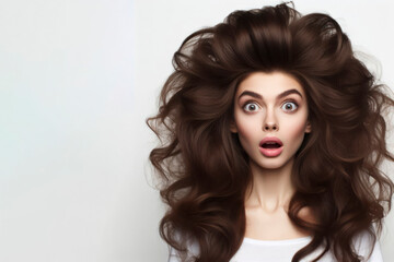 Surprised Woman With Big Hair On white Background. Dramatic Hairstyle, Surprised Expression. ai generative