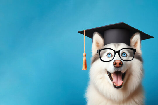 Surprised haski dog in glasses wear graduation hat on bright blue background. ai generative