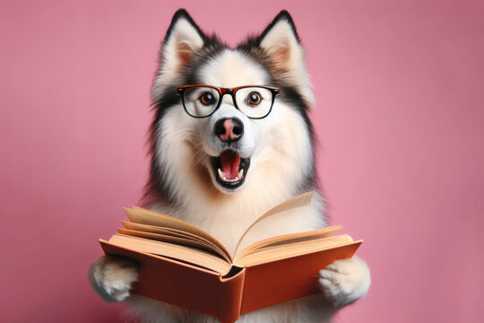 Surprised haski dog in glasses holding opened book on pink background. ai generative