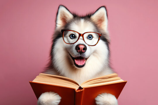 Surprised haski dog in glasses holding opened book on pink background. ai generative