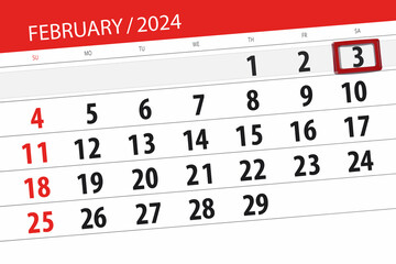 Calendar 2024, deadline, day, month, page, organizer, date, February, saturday, number 3