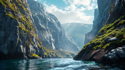A panoramic scene of a majestic fjord with steep cliffs and deep blue waters, - obrazy, fototapety, plakaty