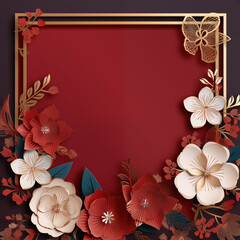 Obraz premium Chinese New Year seasonal social media background design with blank space for text. Golden square frame with white flowers below. Red background.