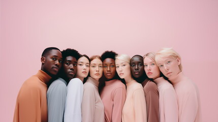 Diverse group of beautiful people. People of different ethnicity and skin color looking at camera. Diversity, Unity, youth, beauty concept. Banner with copy space for text.