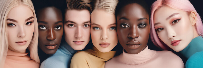 Diverse group of beautiful women. Banner with girls of different ethnicity and skin color looking at camera. Diversity, Unity, skincare, cosmetics, youth, women day and foundation palette concept.