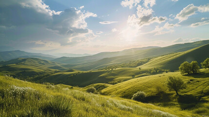 Obraz premium A sprawling landscape of rolling green hills under a bright sunny sky,