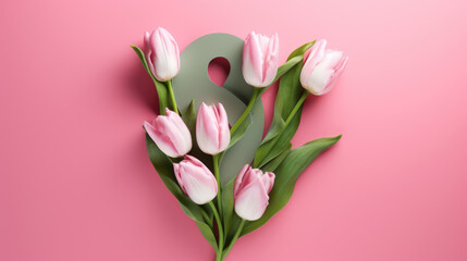 White number "8" surrounded by pink and white tulips on a pink background, commonly used to represent International Women's Day.