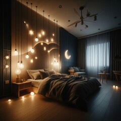 Minimalist bedroom, cozy night scene, shape detail, realistic detail 