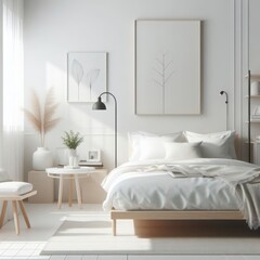Minimalist bedroom, white background, light colors
