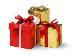Red and gold gift boxes with bow isolated on a white background.
