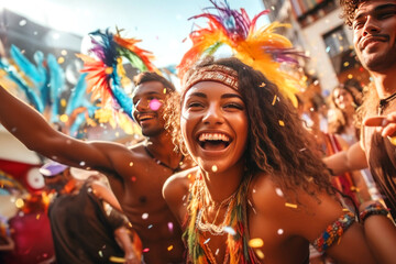 Happy young friends having fun at carnival in Brazil