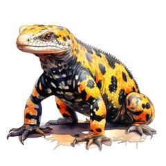 Gila Monster, a desert reptile lizard. Watercolor style, isolated on white background, transparent PNG