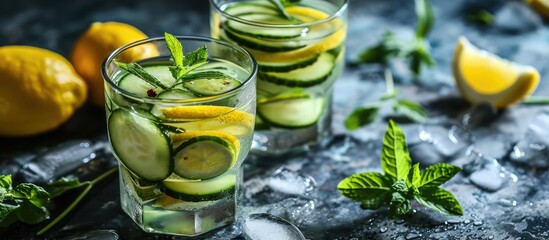 Cucumber and lemon infused water for healthy diet and fat burning. With text space.
