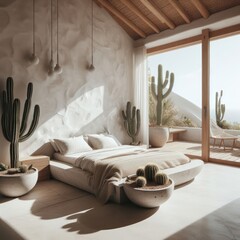 Minimalist, bedroom of Santorini style house with cactus garden outside, aesthetic, concrete,...