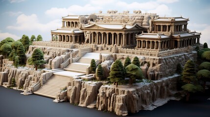 Fototapeta premium Representation of an impressive model depicting a majestic ancient temple. Architectural excellence, historical grandeur, intricate craftsmanship. Generated by AI.