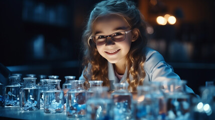 A little girl with glasses in a laboratory with test tubes