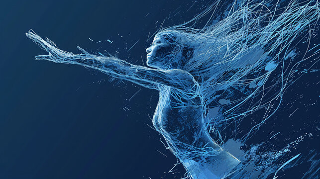 Dynamic Elevation: Abstract Person in Aerodynamic Motion with Light Navy and Blue Palette. Generated AI