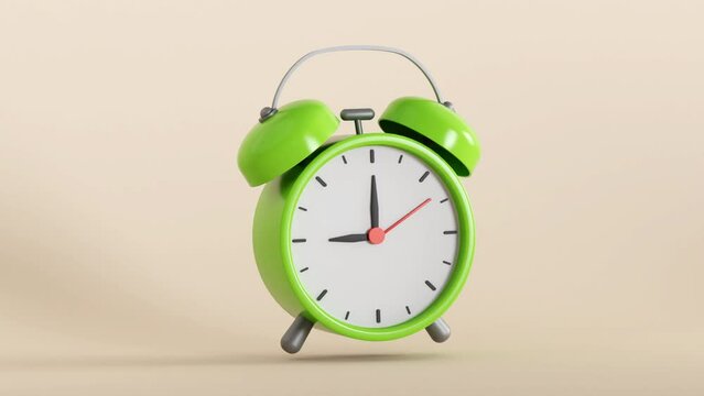 Green alarm clock ringing 3d animated video on isolated background