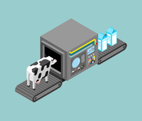 Automatic milk production. Cow and milk Production complex of technological equipment. Engineering vehicle isometric. Food production equipment.