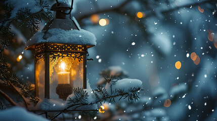 Christmas lantern in snow hd, in the style of soft, dreamy scenes, captivating lighting, classical