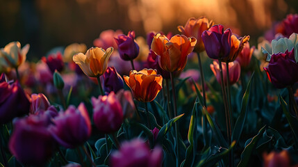 Colorful tulips in the field at sunset, in the style of dark yellow, deep orange and purple, teal and pink