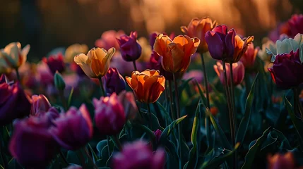 Rolgordijnen Colorful tulips in the field at sunset, in the style of dark yellow, deep orange and purple, teal and pink © Nate