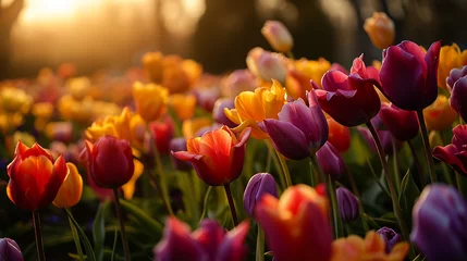 Fotobehang Colorful tulips in the field at sunset, in the style of dark yellow, deep orange and purple, teal and pink © Nate