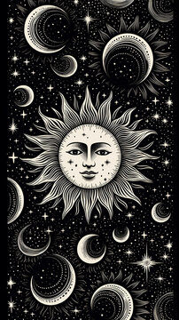 Black and white pattern with moon, sun and stars, in the style of casey weldon, light gold and light black, scientific illustrations, lith printing, celestial, playful motifs, mystic mechanisms