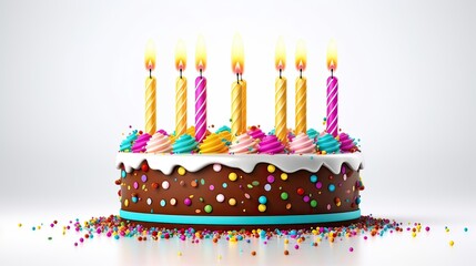 A joyous and colorful birthday cake adorned with bright candles, contrasting against a clean white backdrop, symbolizing celebration, happiness, joy, and festive spirit. Generated by AI.