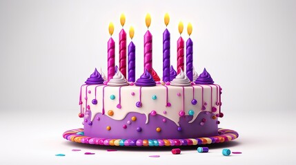 A cheerful and vibrant birthday cake with colorful candles, showcased against a pristine white background, symbolizing celebration, joy, happiness, and festive vibes. Generated by AI.