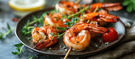 Tasty grilled shrimp on skewers, on a plate. - obrazy, fototapety, plakaty