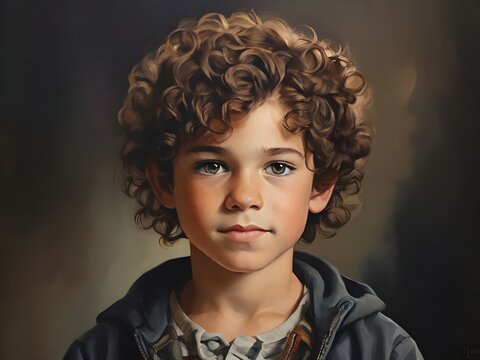 Young boy with curly hair. Portrait painting. Generative AI