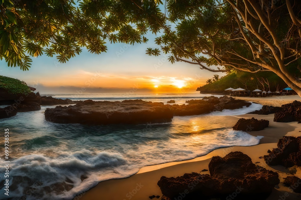 Poster sunset on the beach, Nusa Dua, Bali. stock photo