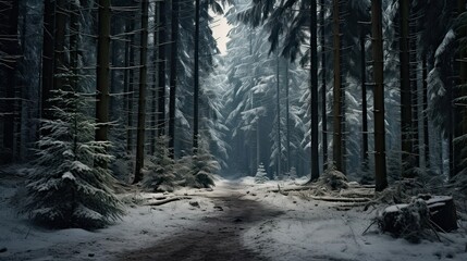 Snow-draped evergreens, serene snowy forest, quiet woods, snow-covered trees, winter tranquility, peaceful snowy landscape. Generated by AI.