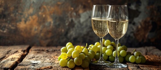 Two champagne glasses and a dozen grapes.