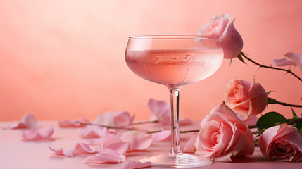 Glass with cocktail on a festive background with flowers and roses. Romantic Valentine's Day celebration