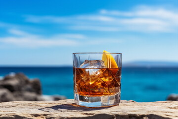glass of whiskey on a stone in an ocean background, Genereative AI